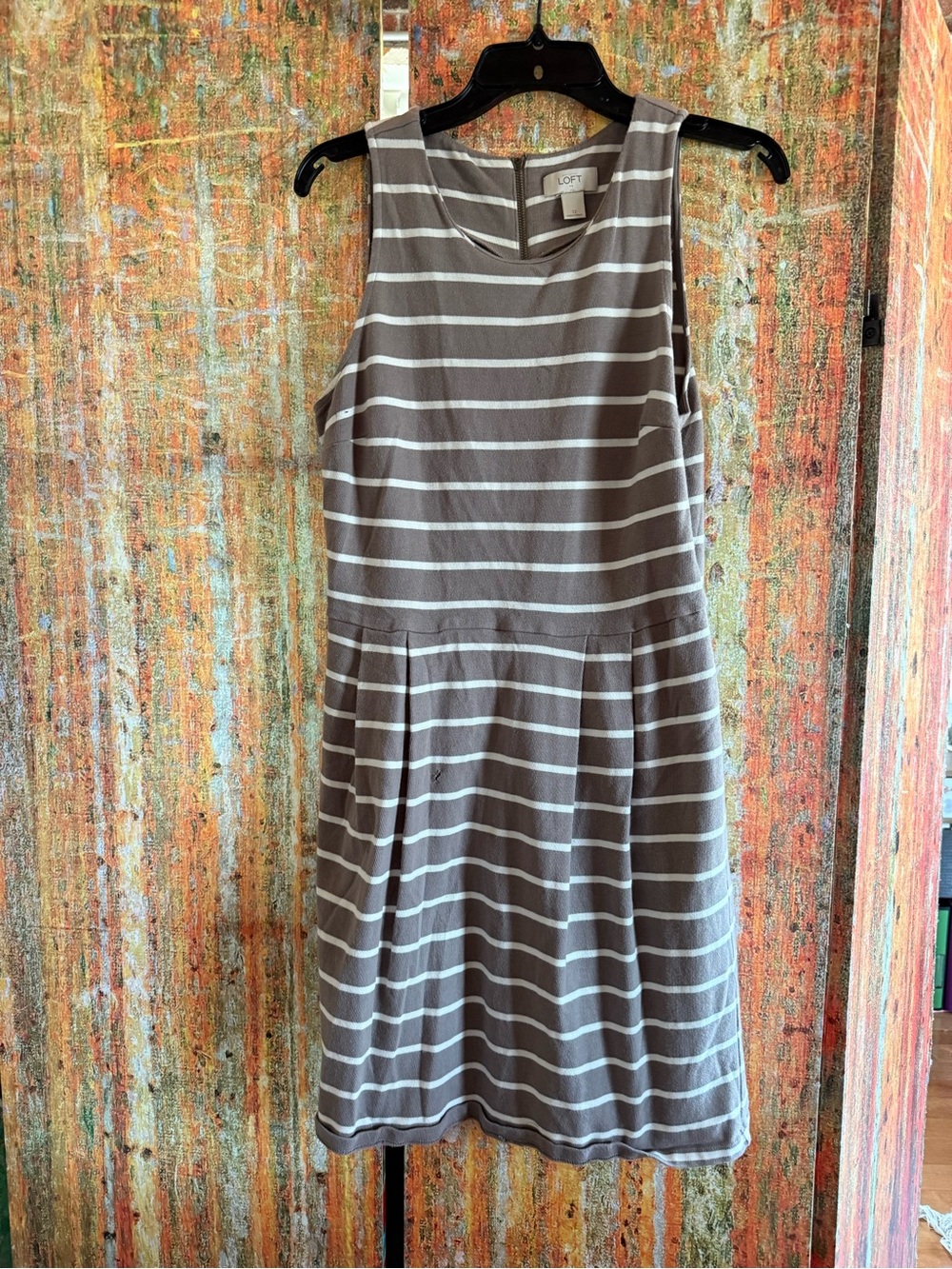 LOFT Gray and White Striped Sleeveless Dress